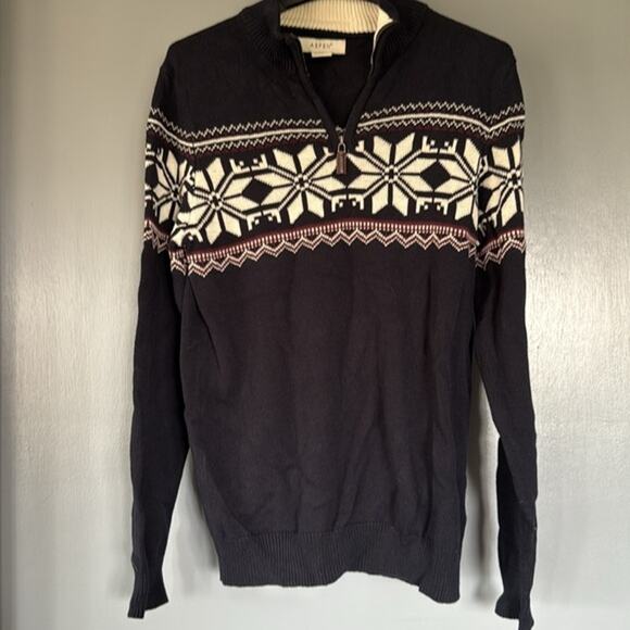 Mens Aspen Fair Isle Snowflake 1/4 Zip Sweater sz S Dark Navy Preppy Skiwear - Picture 1 of 5